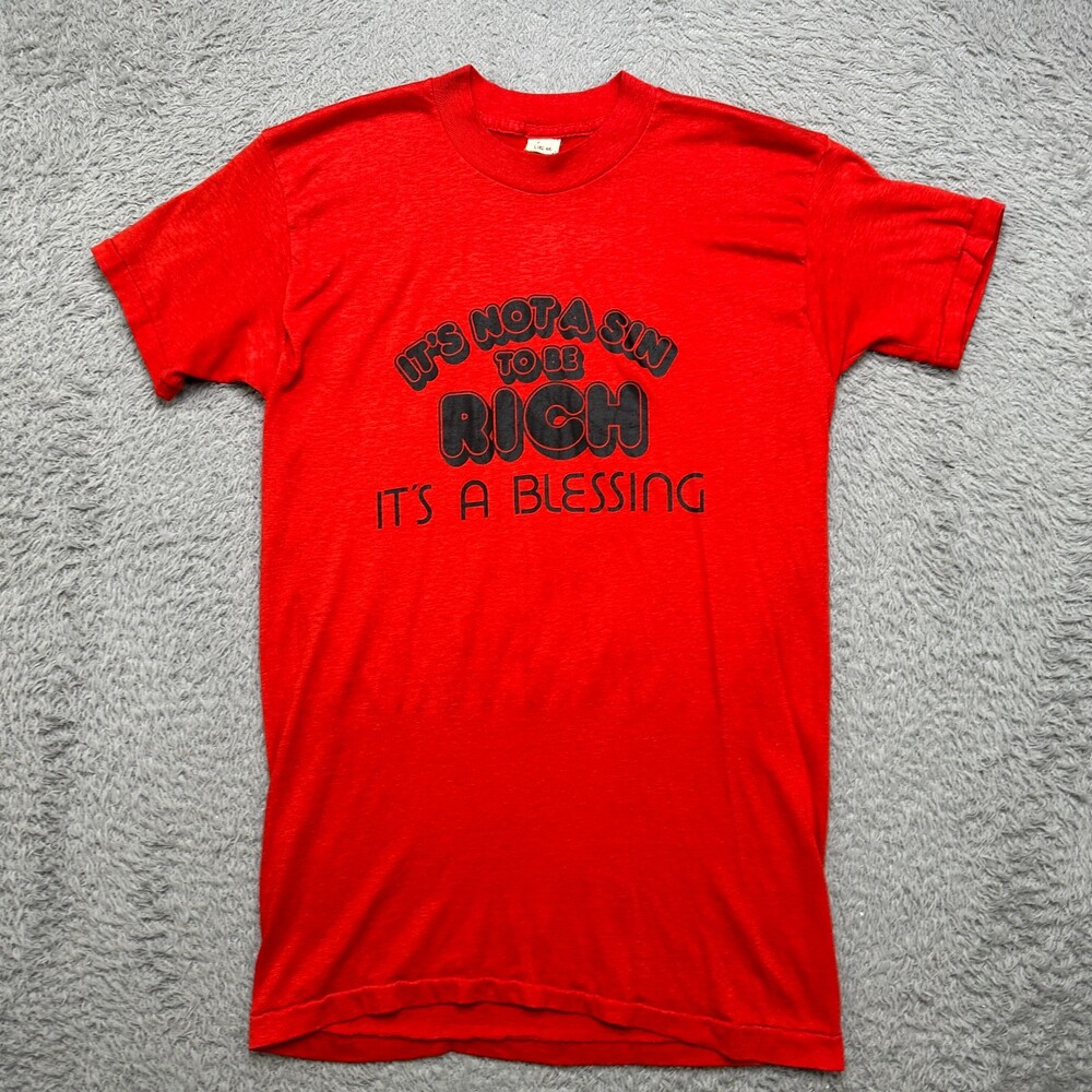 Vintage 70 T-Shirt Mens L Red DevKnit Novelty Not a Sin to be rich Blessing